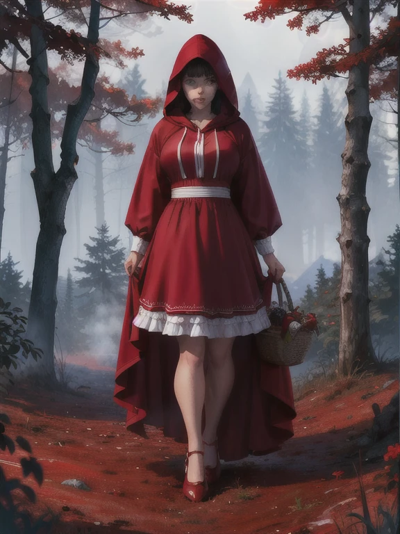 Foto ultra-ampla, corpo todo, 1 garota, vestido vermelho sexy com babados curtos brancos, encapuzar, cesta com pão quente, floresta Negra, grande lobo à distância, //
