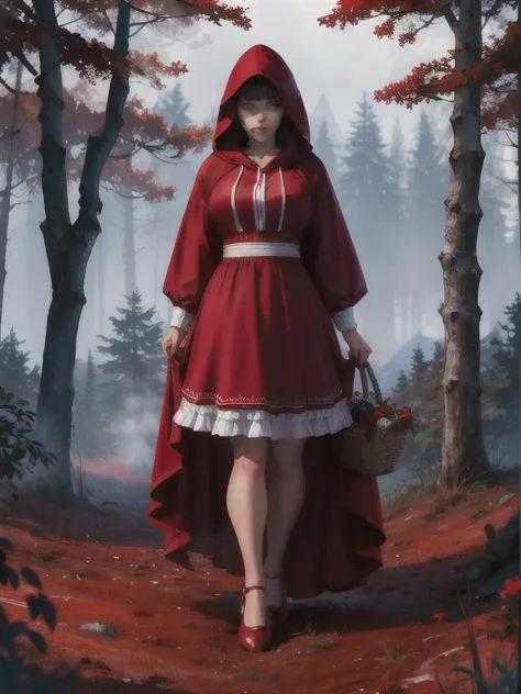 ultra-wide shot, full body, 1girl, sexy red dress with short white frills, hood up, basket with hotcakes, dark forest, big wolf ...
