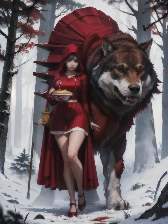 울트라 와이드 샷, 전신, 여자 1명, 짧은 흰색 프릴이 달린 섹시한 빨간 드레스, 후드업, 핫케이크 바구니, 어두운 숲, 멀리 있는 큰 늑대, //