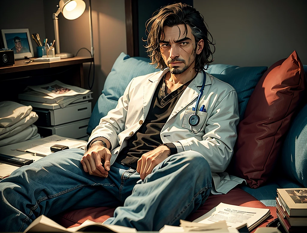 Brutal comic art, cartoon. A doctor beside the bedside of a patient. The man patient lying on a tattered couch, he is slovenly, dressed in a ruined sweater and jeans, disheveled hair, lying on a peeling couch. The doctor in a white coat is clean and fresh. Room is a mess over. A masterpiece, the detail