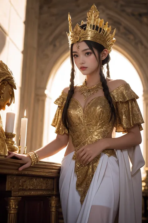 1 girl dressed as the god of olympus apollo