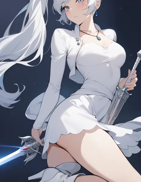 nsfw, masterpiece,best quality,1girl, weiss schnee, solo, holding sword, rapier, cropped jacket, necklace, boots, left-handed, w...