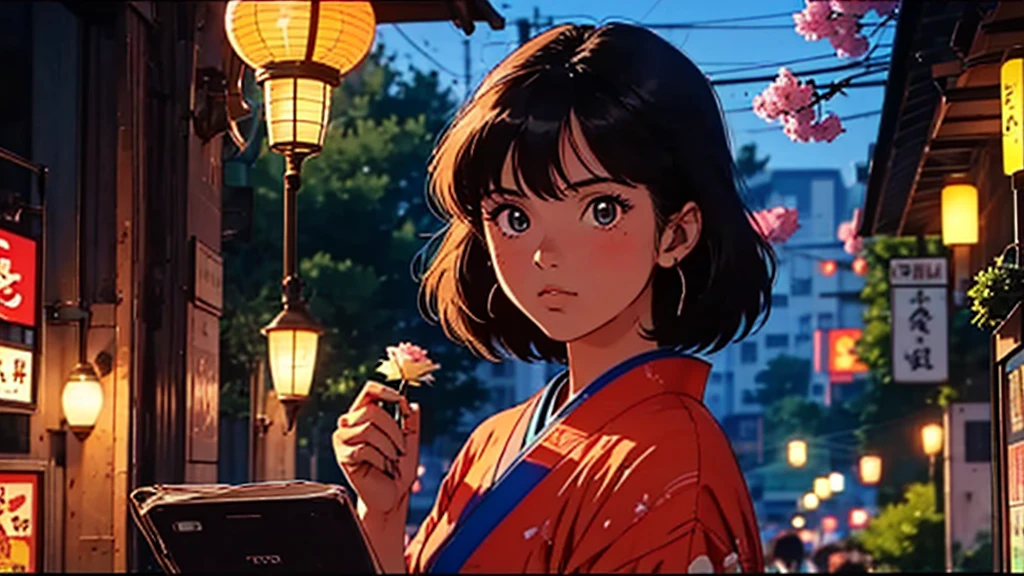 A girl, 80s anime style, retro, lo-fi, outside, kimono, Japanese hair ornaments, cherry blossoms, piercing, fan