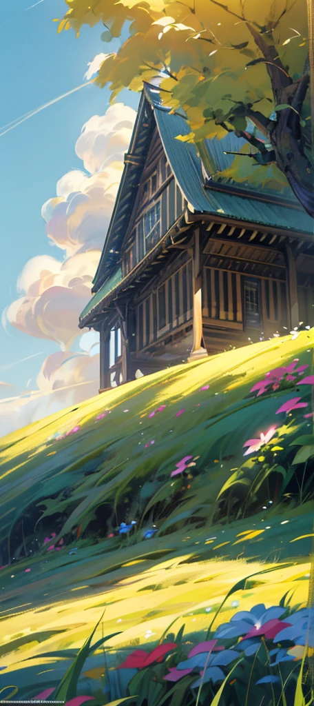HD high definition, high definition, thick meadows, colorful flowers, blue sky, fluffy white clouds and green wood, shimmering in the colors of grass and flowers in the sun, and a house.  