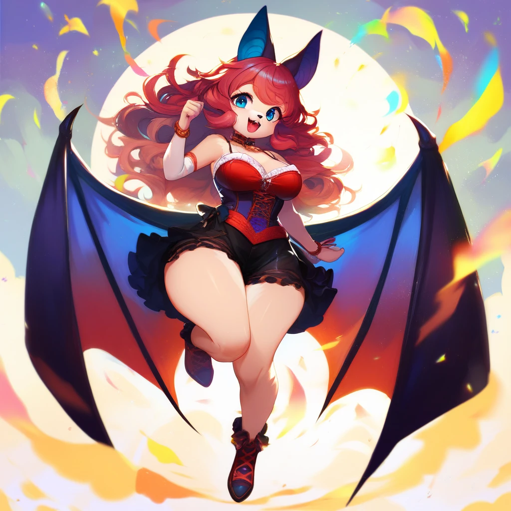 furry kemono commission style, a cute bat goddess with big ears and long white wavy hair, beautiful detailed eyes, beautiful detailed lips, extremely detailed face, blue eyes, happy expression, dressed in blue and red casual style, bat wings on the back, curvy figure, full body shot, 8k, hyper-detailed, intricate details, dynamic pose, vibrant colors, dramatic lighting, fantasy art, digital painting
