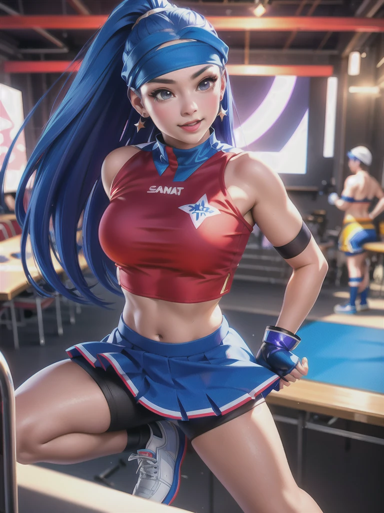 20-year-old woman, alone, alone, athletic, sexy body, wears a red cheerleader skirt and a blue shorts under the skirt, wears a red and blue top, wears blue exercise gloves that cover almost her entire forearm, headband on his head with a star, long blue hair loose, wearing blue sports sneakers, looking at the viewer very happy, cinematic, ultra-sharp focus, award-winning photography, perfect contrast, high sharpness, depth of field. ultra detailed photography, global illumination, fluid, ultra high definition, 8k, Unreal Engine 5, ultra sharp focus, award winning photography, art season trends,
