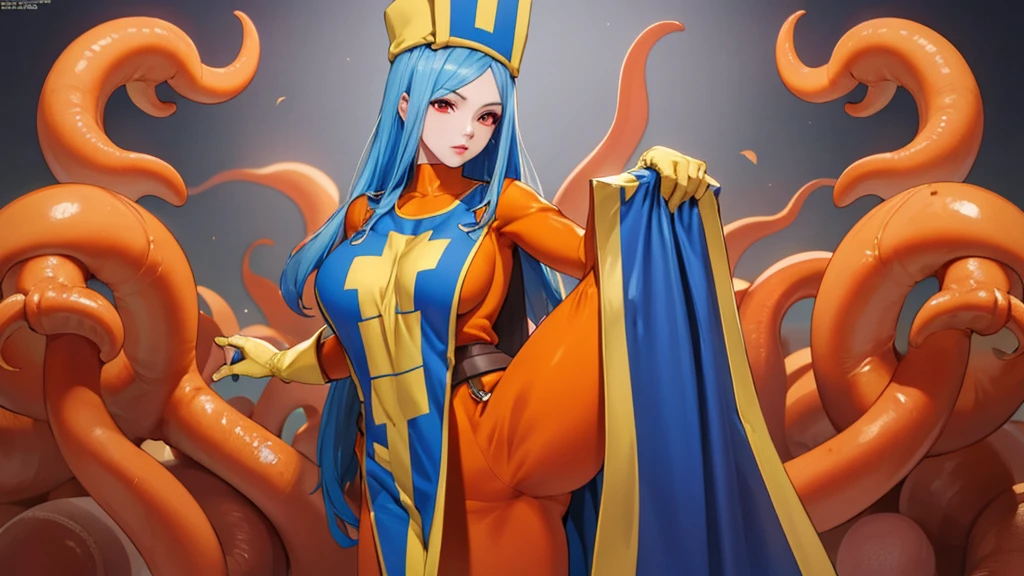 masterpiece,Highest quality, Unreal Engine, Super Resolution, Very detailed,
1 Girl, Waist, thin, (Muscular:0.8)
Round Breasts, Big Breasts, Bold,  Part your lips, Observe the audience,
Are standing, sexy pose
Waist shot,Tentacles entangled in chest,Spread your legs,
Simple background anime style, Key Visual,
 Light blue hair, Red eyes, Long-haired monk \(dq3\)
Orange bodysuit,Miter saw,Tabard Elbow Gloves