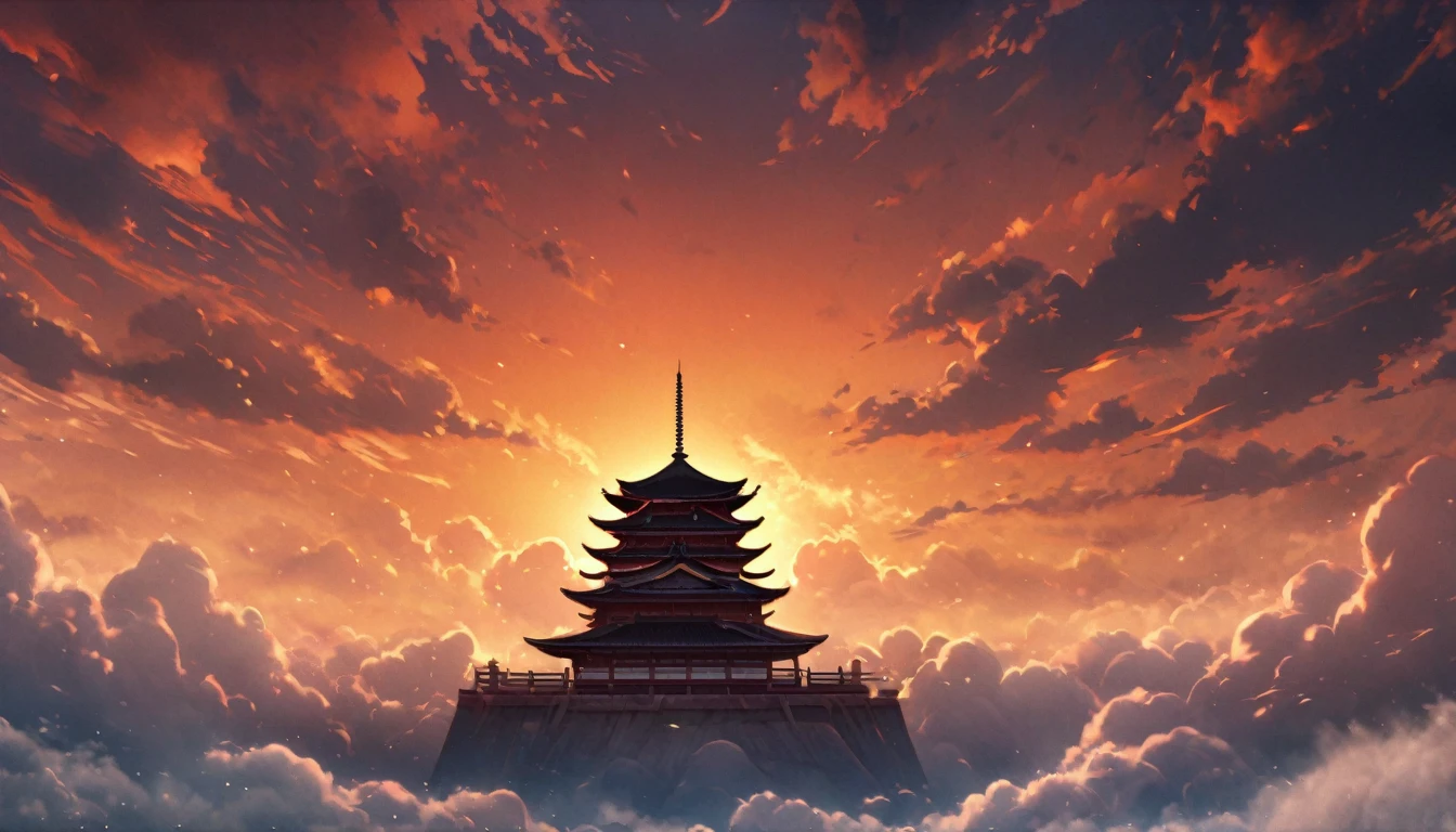 ((masterpiece, Highest quality, High resolution)), ((Highly detailed CG integrated 8K wallpaper)), A five-story pagoda flies in the morning sky, A large number of five-story pagodas,Sunrise on a cloudy morning, Strong sun rising in the sky, moody The rising sun in the background, orange sky outside, Sunrise on a cloudy morning, sky setting, The rising sun in the background, Sunrise is, The rising sun in the background, Background Sky, Background Sky, With dramatic skies,