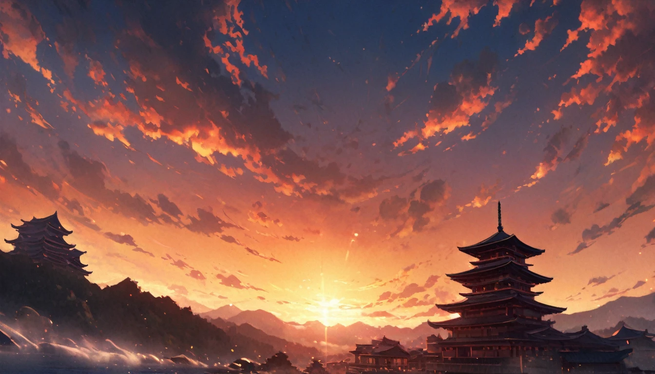 ((masterpiece, Highest quality, High resolution)), ((Highly detailed CG integrated 8K wallpaper)), A five-story pagoda flies in the morning sky, A large number of five-story pagodas,Sunrise on a cloudy morning, Strong sun rising in the sky, moody The rising sun in the background, orange sky outside, Sunrise on a cloudy morning, sky setting, The rising sun in the background, Sunrise is, The rising sun in the background, Background Sky, Background Sky, With dramatic skies,