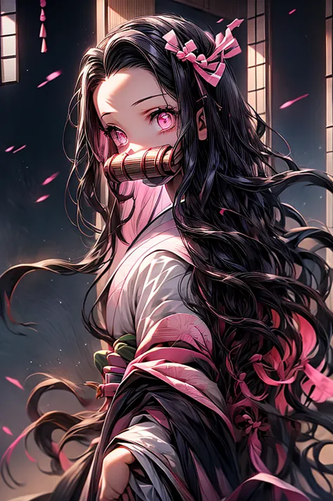 nezukokamado, nezuko kamado, bamboo, (bit gag:1.5), black hair, (forehead:1.5), gag, gagged, hair ribbon, long hair, multicolore...