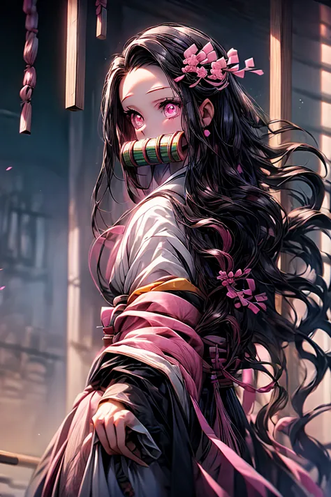 nezukokamado, nezuko kamado, bamboo, (bit gag:1.5), black hair, (forehead:1.5), gag, gagged, hair ribbon, long hair, multicolore...