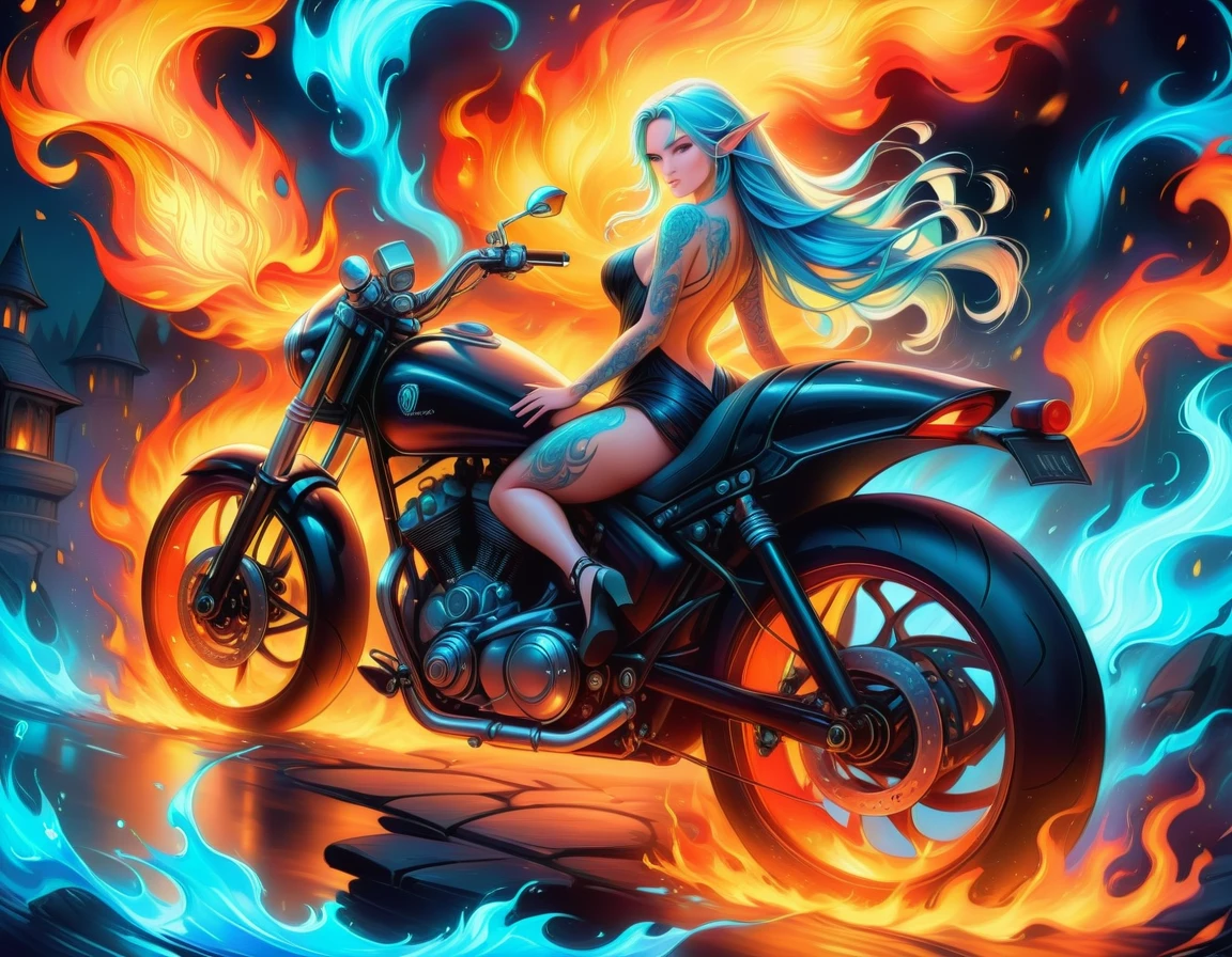 Arafed, Dark arte de fantasia, arte de fantasia, arte gótica, uma foto de uma elfa tatuada perto de sua motocicleta (obra-prima, melhor detalhado, ultra detalhe: 1.5) a tatuagem é vívida, intrincados detalhes ganhando vida da tinta para a vida real, GlowingRunesAI_azul pálido, ((fogo envolve a motocicleta: 1.5)), ultra feminine, ((lindo rosto delicado)), Rosto ultra detalhado, pequenas orelhas pontudas, ângulo dinâmico, ((a parte de trás é visível: 1.3), ela usa um vestido preto transparente, o vestido é elegante, fluindo, Estilo élfico, que as tatuagens brilham, cor de cabelo dinâmica, estilo de cabelo dinâmico, detalhes altos, melhor qualidade, 16K, [ultra detalheed], Obra de arte, melhor qualidade, (extremamente detalhado), ângulo dinâmico, tiro de corpo inteiro, faize, drkfntasy, pintura digital