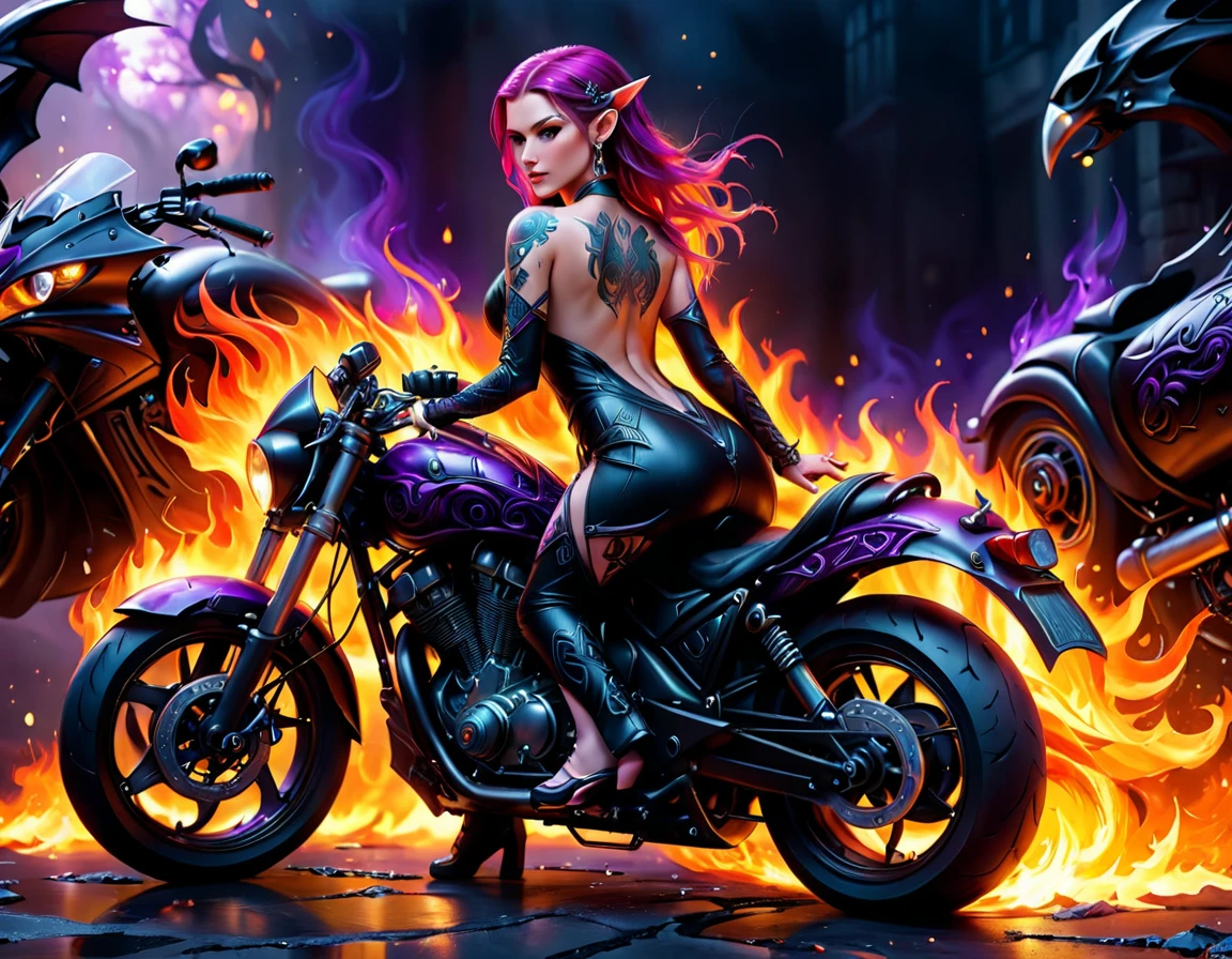 Arafed, Dark fantasy art, fantasy art, goth art, a picture of a of a tattooed female elf near her motorcycle (masterwork, best detailed, ultra detail: 1.5)  the tattoo is vivid, intricate detailed coming to life from the ink to real life, GlowingRunesAI_purple, ((fire surrounds the motorcycle: 1.5)), ultra feminine, ((beautiful delicate face)), Ultra Detailed Face, small pointed ears, dynamic angle, ((the back is visible: 1.3), she wears a transparent black dress, the dress is elegant, flowing, elven style, that the tattoos glow, dynamic hair color, dynamic hair style, high details, best quality, 16k, [ultra detailed], masterpiece, best quality, (extremely detailed), dynamic angle, full body shot, faize, drkfntasy, Digital Painting