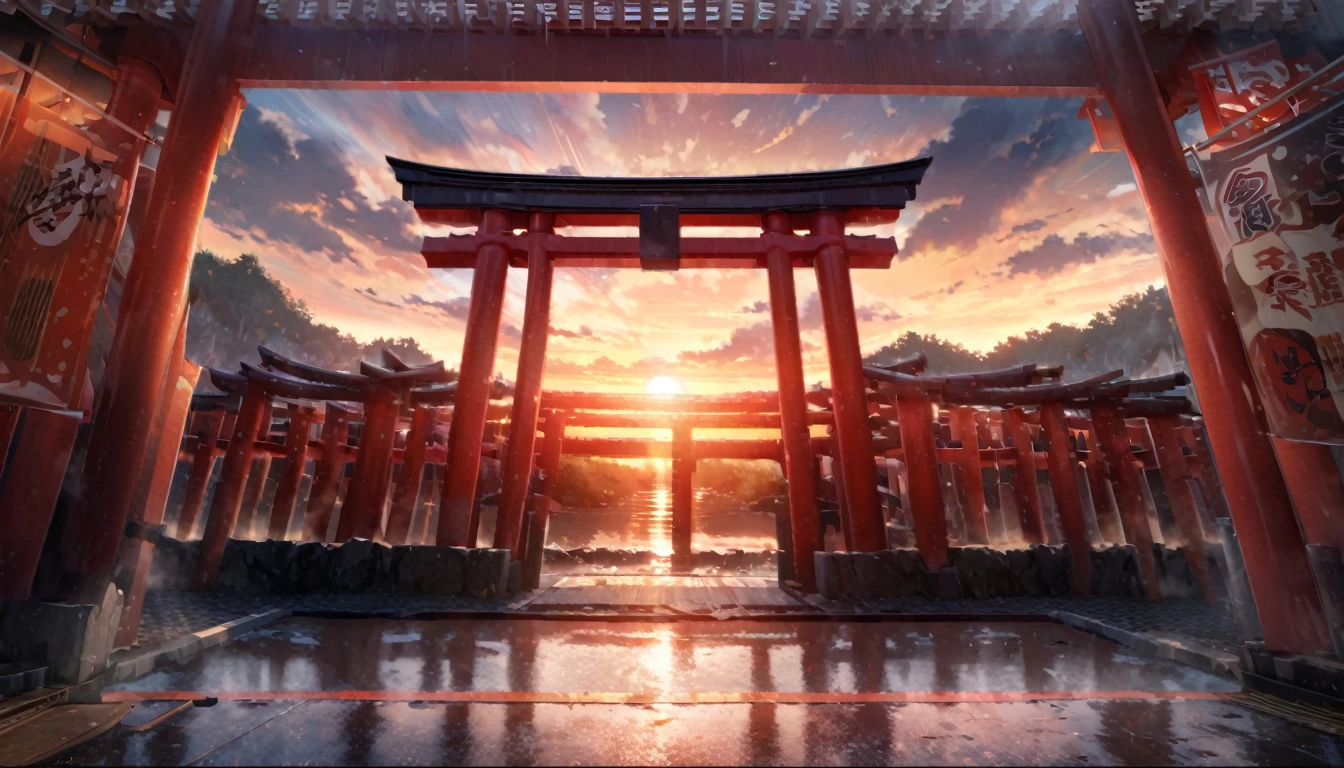 ((masterpiece, Highest quality, High resolution)), ((Highly detailed CG integrated 8K wallpaper)), A torii gate is flying in the morning sky, Large number of torii gates,Sunrise on a cloudy morning, Strong sun rising in the sky, moody The rising sun in the background, orange sky outside, Sunrise on a cloudy morning, sky setting, The rising sun in the background, Sunrise is, The rising sun in the background, Background Sky, Background Sky, With dramatic skies,