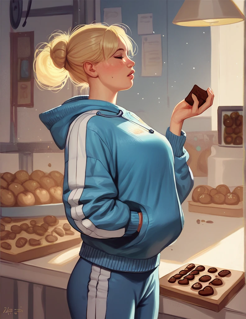 1girl, wearing a blue tracksuit, blonde bob, in a chocolate factory,
#partial blueberry inflation
#full blueberry inflation
#hyper blueberry inflation
#spherical inflation
#lactation through clothes
#lactation
