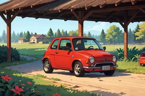 Octane Rendering、(Hyper Detail: 1.15)、(Soft Light、sharp: 1.2)、morning、countryside、A very small old red modified minicar，Abarth t...