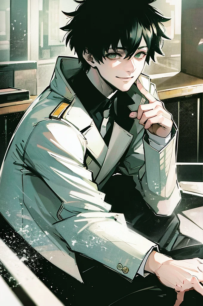 homem jovem, black Cabelo medio, olhos verdes, sorridente, Cabelo medio, vestindo um casaco branco puro, Vestindo calças pretas, em uma cidade, 4K, detalhado, estilo de arte sui ishida, detalhado eyes,
