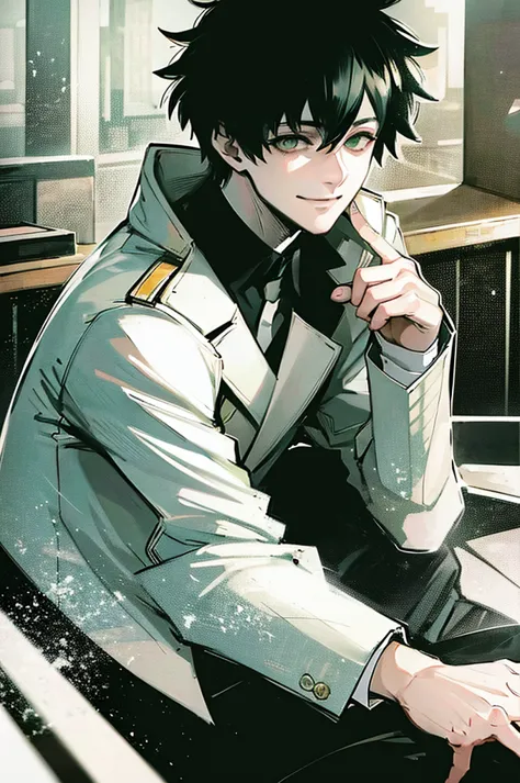 young man, black medium hair, green eyes, smiling, medium hair, wearing a pure white trench coat, wearing black pants, in one ci...