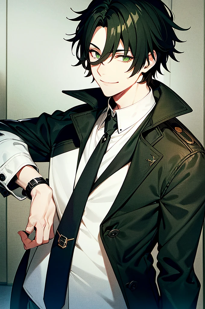 young man, black medium hair, green eyes, smiling, medium hair, wearing a pure white trench coat, wearing black pants, in one city, 4k, detailed, sui ishida art style, detailed eyes,
