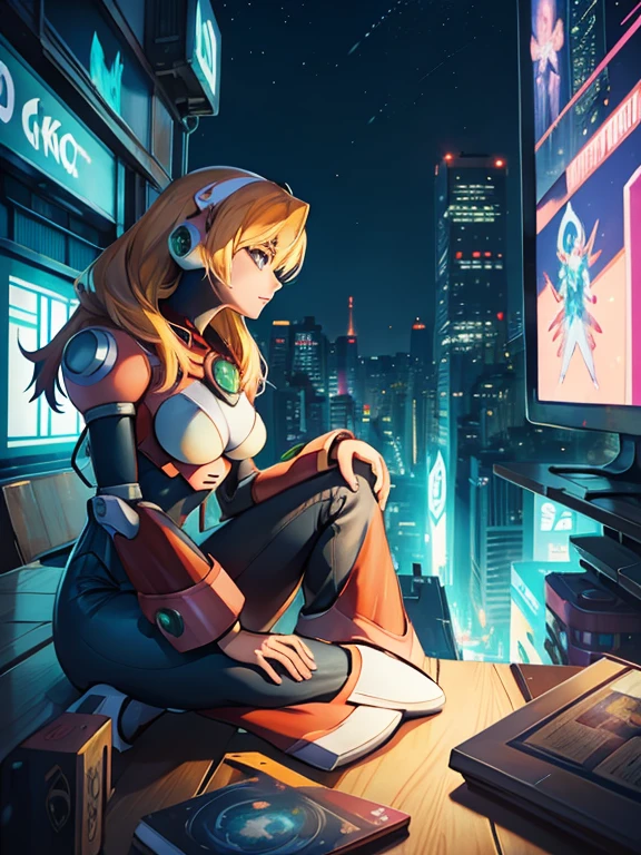 alia_Megamanx sitting on the edge of a building in Tokyo - cyberpunk city in the background, SSCI - FI, fantasia, intricado, muito muito bonita, elegante, luz neon, altamente detalhado, pintura digital, art station, arte conceitual, anatomia humana, Luz Suave, Suave, illustration, por tian zi e artgerm e greg rutkowski e alphonse much e loish e WLOP