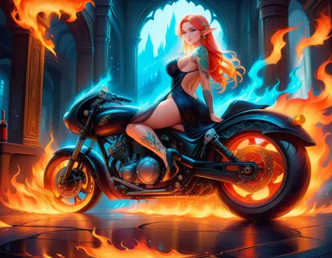 Arafed, Dark fantasy art, fantasy art, goth art, a picture of a of a tattooed female elf near her motorcycle (masterwork, best d...