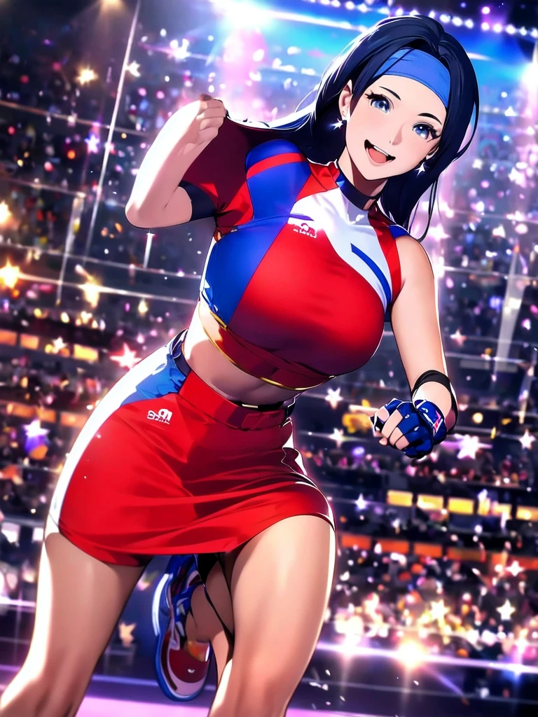 20-year-old woman, alone, alone, athletic, sexy body, wears a short red skirt and blue shorts under the skirt, wears a red and blue top close to her body, wears blue exercise gloves that cover almost her entire forearm, headband on her head with a star, long blue hair flowing, blue sneakers, looks at the viewer very happy, cinematic, ultra-sharp focus, award-winning photography, perfect contrast, high sharpness, depth of field. ultra detailed photography, global illumination, fluid, ultra high definition, 8k, Unreal Engine 5, ultra sharp focus, award winning photography, art season trends,
