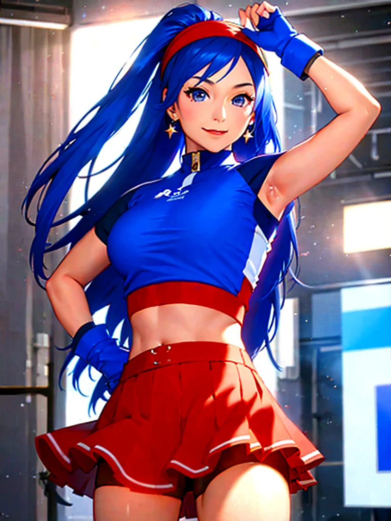 20-year-old woman, alone, alone, athletic, sexy body, wears a short red skirt and blue shorts under the skirt, wears a red and blue top close to her body, wears blue exercise gloves that cover almost her entire forearm, headband on her head with a star, long blue hair flowing, blue sneakers, looks at the viewer very happy, cinematic, ultra-sharp focus, award-winning photography, perfect contrast, high sharpness, depth of field. ultra detailed photography, global illumination, fluid, ultra high definition, 8k, Unreal Engine 5, ultra sharp focus, award winning photography, art season trends,
