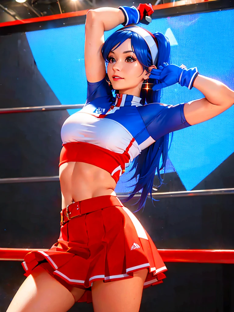 20-year-old woman, alone, alone, athletic, sexy body, wears a short red skirt and blue shorts under the skirt, wears a red and blue top close to her body, wears blue exercise gloves that cover almost her entire forearm, headband on her head with a star, long blue hair flowing, blue sneakers, looks at the viewer very happy, cinematic, ultra-sharp focus, award-winning photography, perfect contrast, high sharpness, depth of field. ultra detailed photography, global illumination, fluid, ultra high definition, 8k, Unreal Engine 5, ultra sharp focus, award winning photography, art season trends,
