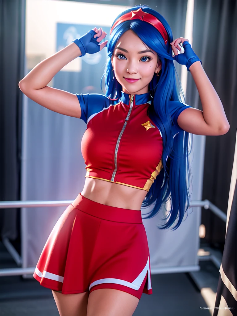 20-year-old woman, alone, alone, athletic, sexy body, wears a short red skirt and blue shorts under the skirt, wears a red and blue top close to her body, wears blue exercise gloves that cover almost her entire forearm, headband on her head with a star, long blue hair flowing, blue sneakers, looks at the viewer very happy, cinematic, ultra-sharp focus, award-winning photography, perfect contrast, high sharpness, depth of field. ultra detailed photography, global illumination, fluid, ultra high definition, 8k, Unreal Engine 5, ultra sharp focus, award winning photography, art season trends,
