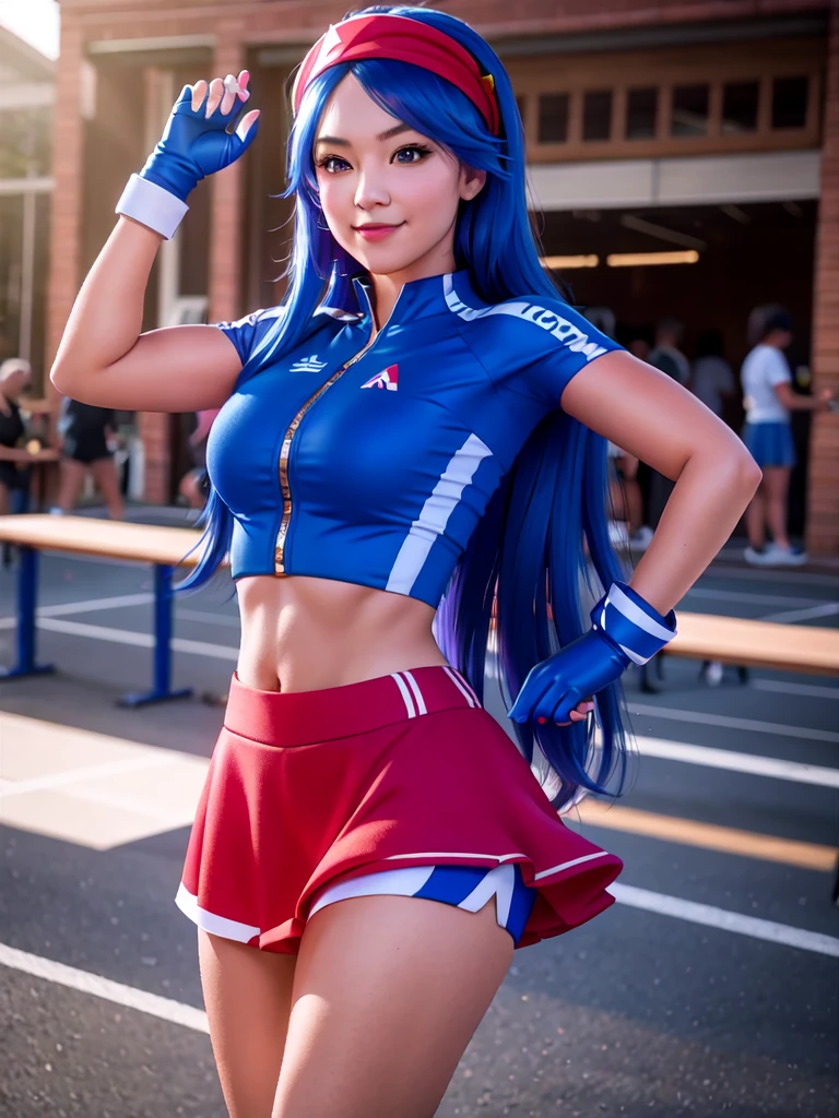 20-year-old woman, alone, alone, athletic, sexy body, wears a short red skirt and blue shorts under the skirt, wears a red and blue top close to her body, wears blue exercise gloves that cover almost her entire forearm, headband on her head with a star, long blue hair flowing, blue sneakers, looks at the viewer very happy, cinematic, ultra-sharp focus, award-winning photography, perfect contrast, high sharpness, depth of field. ultra detailed photography, global illumination, fluid, ultra high definition, 8k, Unreal Engine 5, ultra sharp focus, award winning photography, art season trends,
