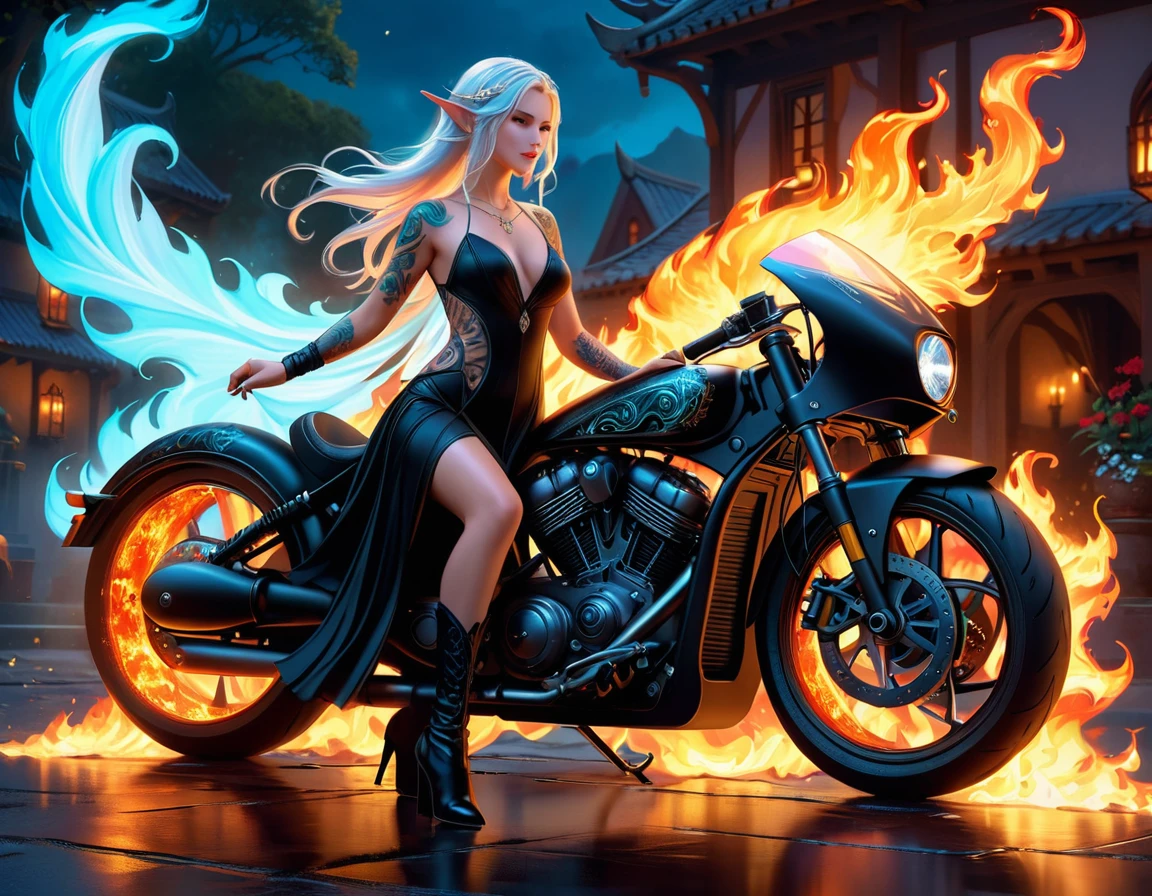 arabisch, Dark Fantasy-Kunst, Fantasy-Kunst, Gothic Kunst, ein Bild einer tätowierten Elfe neben ihrem Motorrad (Meisterwerk, am besten detailliert, Ultra-Detail: 1.5)  das Tattoo ist lebendig, komplizierte Details erwachen aus der Tinte zum Leben, GlühendeRunenAI_blass_Blau, ((Feuer umgibt das Motorrad: 1.5)), ultrafeminin, ((schönes zartes Gesicht)), Ultradetailliertes Gesicht, kleine spitze Ohren, dynamischer Winkel, ((die Rückseite ist sichtbar: 1.3), sie trägt ein transparentes schwarzes Kleid, das Kleid ist elegant, fließend, Elfen-Stil, dass die Tattoos leuchten, dynamische Haarfarbe, dynamische Frisur, hohe Details, beste Qualität, 16k, [Ultra-Detailed], Meisterwerk, beste Qualität, (extrem detailliert), dynamischer Winkel, Ganzkörperaufnahme, interessieren, Abonnieren, digitale Zeichnung
