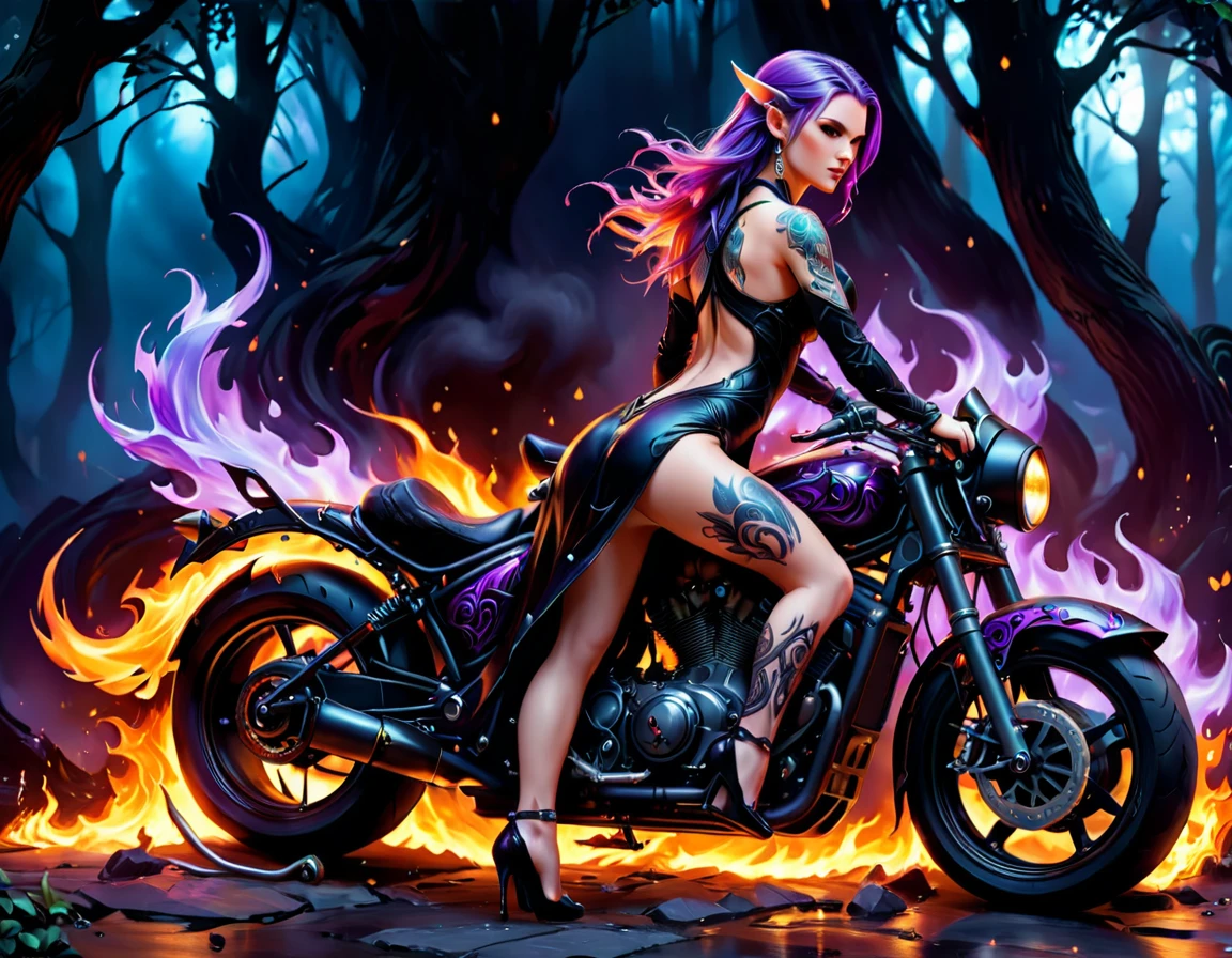 Arafed, Dark fantasy art, fantasy art, goth art, a picture of a of a tattooed female elf near her motorcycle (masterwork, best detailed, ultra detail: 1.5)  the tattoo is vivid, intricate detailed coming to life from the ink to real life, GlowingRunesAI_purple, ((fire surrounds the motorcycle: 1.5)), ultra feminine, ((beautiful delicate face)), Ultra Detailed Face, (small pointed ears: 1.2), dynamic angle, ((the back is visible: 1.3), she wears a transparent black dress, the dress is elegant, flowing, elven style, that the tattoos glow, dynamic hair color, dynamic hair style, high details, best quality, 16k, [ultra detailed], masterpiece, best quality, (extremely detailed), dynamic angle, full body shot, faize, drkfntasy, Digital Painting