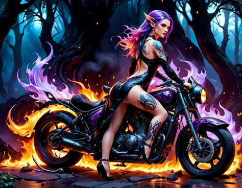 Arafed, Dark fantasy art, fantasy art, goth art, a picture of a of a tattooed female elf near her motorcycle (masterwork, best d...