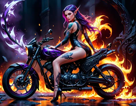 Arafed, Dark fantasy art, fantasy art, goth art, a picture of a of a tattooed female elf near her motorcycle (masterwork, best d...