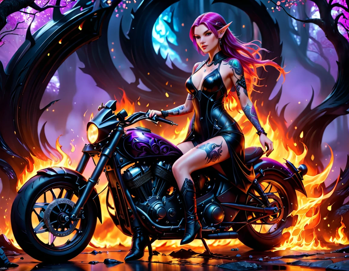 アラフェド, Dark ファンタジーアート, ファンタジーアート, ゴスアート, バイクのそばにタトゥーを入れた女性エルフの写真 (傑作, 最も詳細な, 超詳細: 1.5)  タトゥーは鮮やかだ, インクから現実に生き生きと現れる精巧なディテール, グローイングルーンAI_紫, ((バイクの周囲に火が燃えている: 1.5)), 超女性的, ((美しく繊細な顔)), 超詳細な顔, (小さな尖った耳: 1.2), ダイナミックアングル, ((裏側が見える: 1.3), 彼女は透明な黒いドレスを着ている, ドレスはエレガントです, 流れる, エルフスタイル, タトゥーが光る, ダイナミックヘアカラー, ダイナミックなヘアスタイル, 細部までこだわった, 最高品質, 16K, [超詳細ed], 傑作, 最高品質, (非常に詳細な), ダイナミックアングル, 全身ショット, 興味に, ダークファンタジー, デジタルペインティング