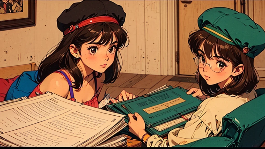 A girl, 80s anime style, retro, lo-fi, piercing, hat