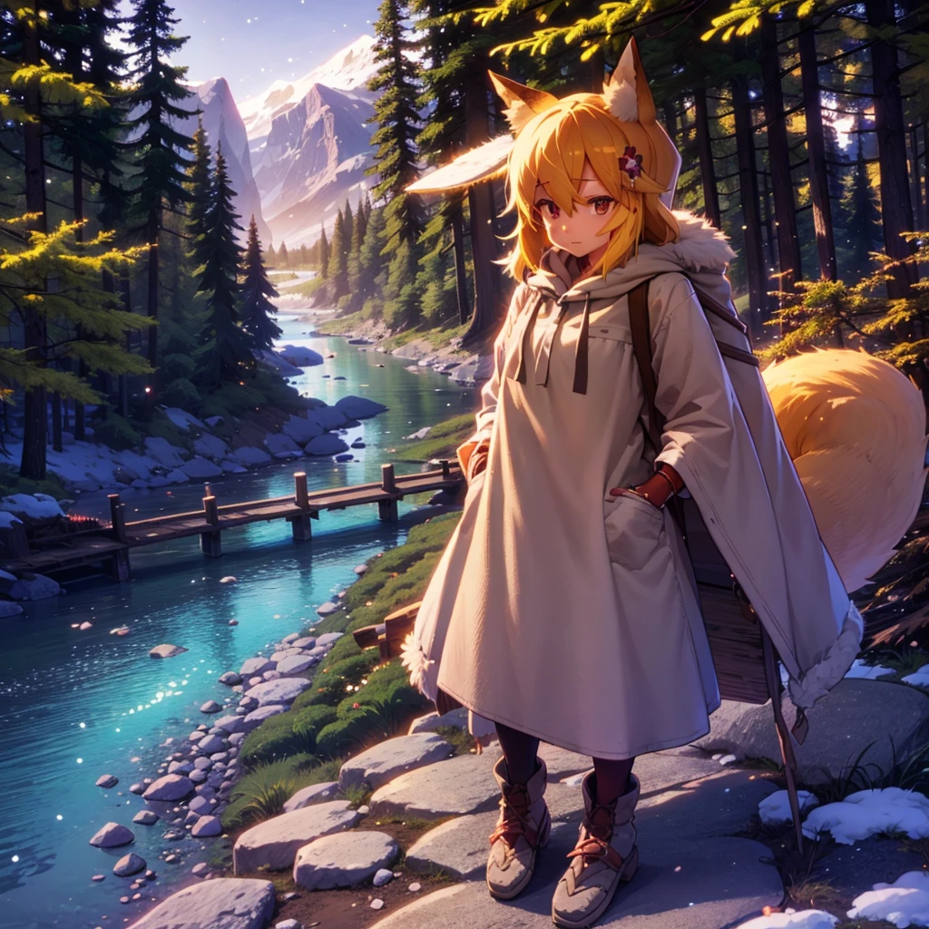 A girl, Fox ears, 4K Image,Beautiful trees, Maximum details,Alaska, mountains in the background, river, log cabin, pioneer clothes,snow,correct body, beautiful body,correcr anatomy, masterpiece, adventure,traveler,backpack,fur clothes,leather clothes,next to the viewer,looks at the river