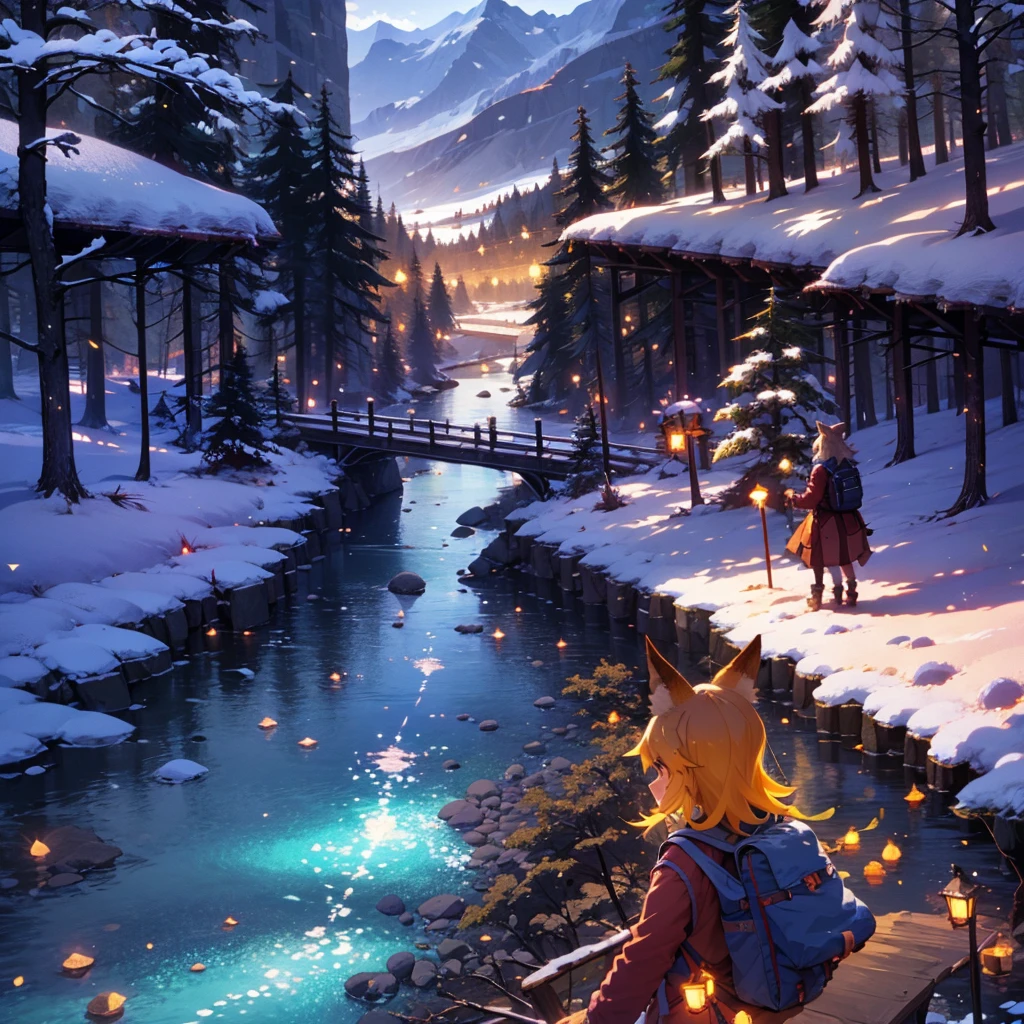 A girl, Fox ears, 4K Image,Beautiful trees, Maximum details,Alaska, mountains in the background, river, log cabin, pioneer clothes,snow,correct body, beautiful body,correcr anatomy, masterpiece, adventure,traveler,backpack,fur clothes,leather clothes,next to the viewer,looks at the river