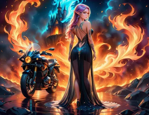 Arafed, Dark fantasy art, fantasy art, goth art, a picture of a of a tattooed female elf near her motorcycle (masterwork, best d...