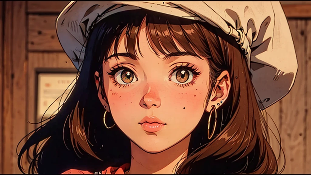 A girl, 80s anime style, retro, lo-fi, piercing, hat