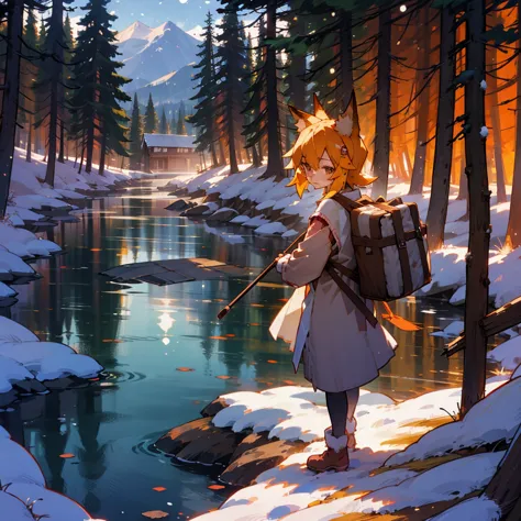 1 girl, Fox ears,Senko-san, 4K Image,Beautiful trees, Maximum details,Alaska, mountains in the background, river, log cabin, pio...