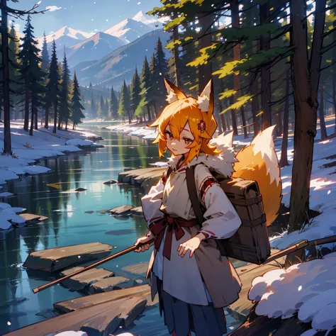 1 girl, Fox ears,Senko-san, 4K Image,Beautiful trees, Maximum details,Alaska, mountains in the background, river, log cabin, pio...