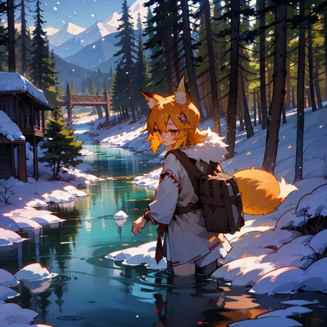 1 girl, Fox ears,Senko-san, 4K Image,Beautiful trees, Maximum details,Alaska, mountains in the background, river, log cabin, pio...
