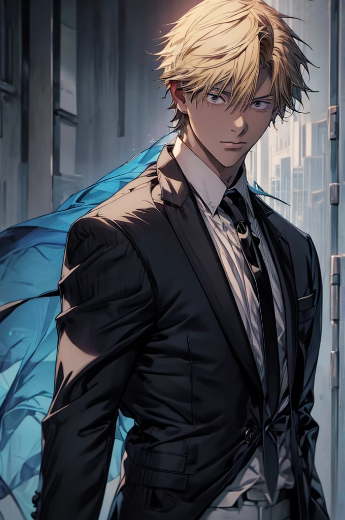 White collared shirt, Black tie, Black pants, Formal, masutepiece, Best Quality, High quality, 1boy, Solo, Male Focus, Looking at Viewer, Upper body, Denji, a blond