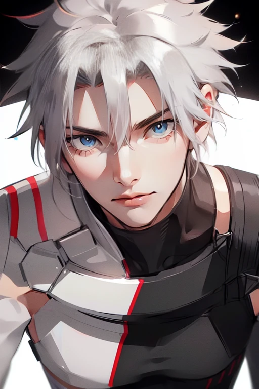 1 male (tall man, slim, manly, dominate,  white messy hair with black stripes, man has yellow eyes, tough, wearing a sci-fi space outfit, has 1 earring.) best quality, ultra-detailed, illustration, complex, detailed, extremely detailed, detailed face, soft light, soft focus, perfect face, illustration, full body.