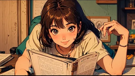 a girl, 80s anime style, retro, lo-fi, piercing, smile