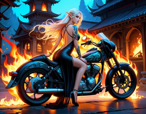 Arafed, Dark fantasy art, fantasy art, goth art, a picture of a of a tattooed female elf near her motorcycle (masterwork, best d...