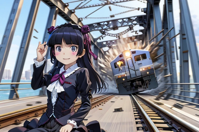  (ruri gokou), 1 girl, alone, girl, Hime cut, blush, Mole, Mole under eye, Gothic Lolita, Lolita Fashion, head band, evil smile,
BREAK
fleeingBridge,fleeing on bridge,bridge,breaking,crack,debris,destruction,fleeing,motion lines,motion blur,speed lines,riding,riding on motorcycle,railing,(((railroad tracks,train))),