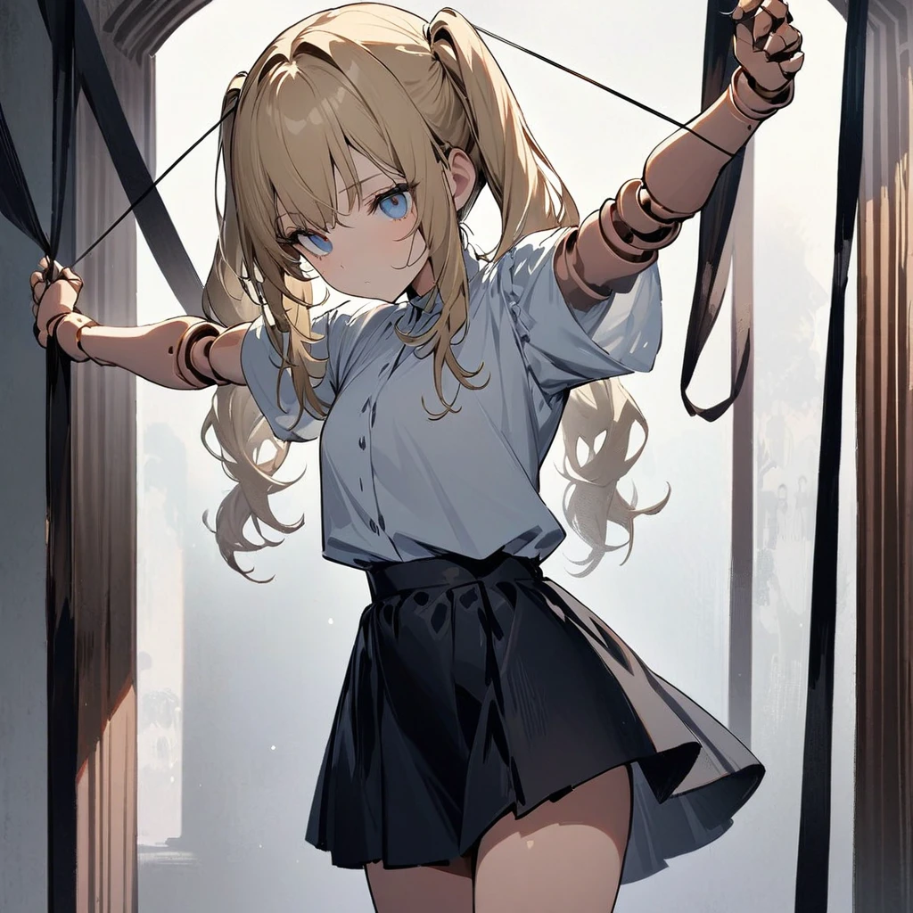 Highest quality,masterpiece,One girl,alone,Suspend,Beautiful Eyes, blue, Blonde, Twin tails,Beautiful Face,Cowboy Shot,Expressionless,Hanging by a thread,whole body,Are standing,suspension,Hollow,Doll joints,Short sleeve,skirt,Tilt your head,Outstretched arms,The world in the mirror