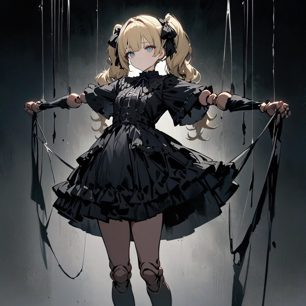 Highest quality,masterpiece,One girl,alone,Suspend,Beautiful Eyes, blue, Blonde, Twin tails,Beautiful Face,Cowboy Shot,Expressionless,Hanging by a thread,whole body,Are standing,suspension,Hollow,Doll joints,Short sleeve,skirt,Tilt your head,Outstretched arms,Gothic Lolita Fashion